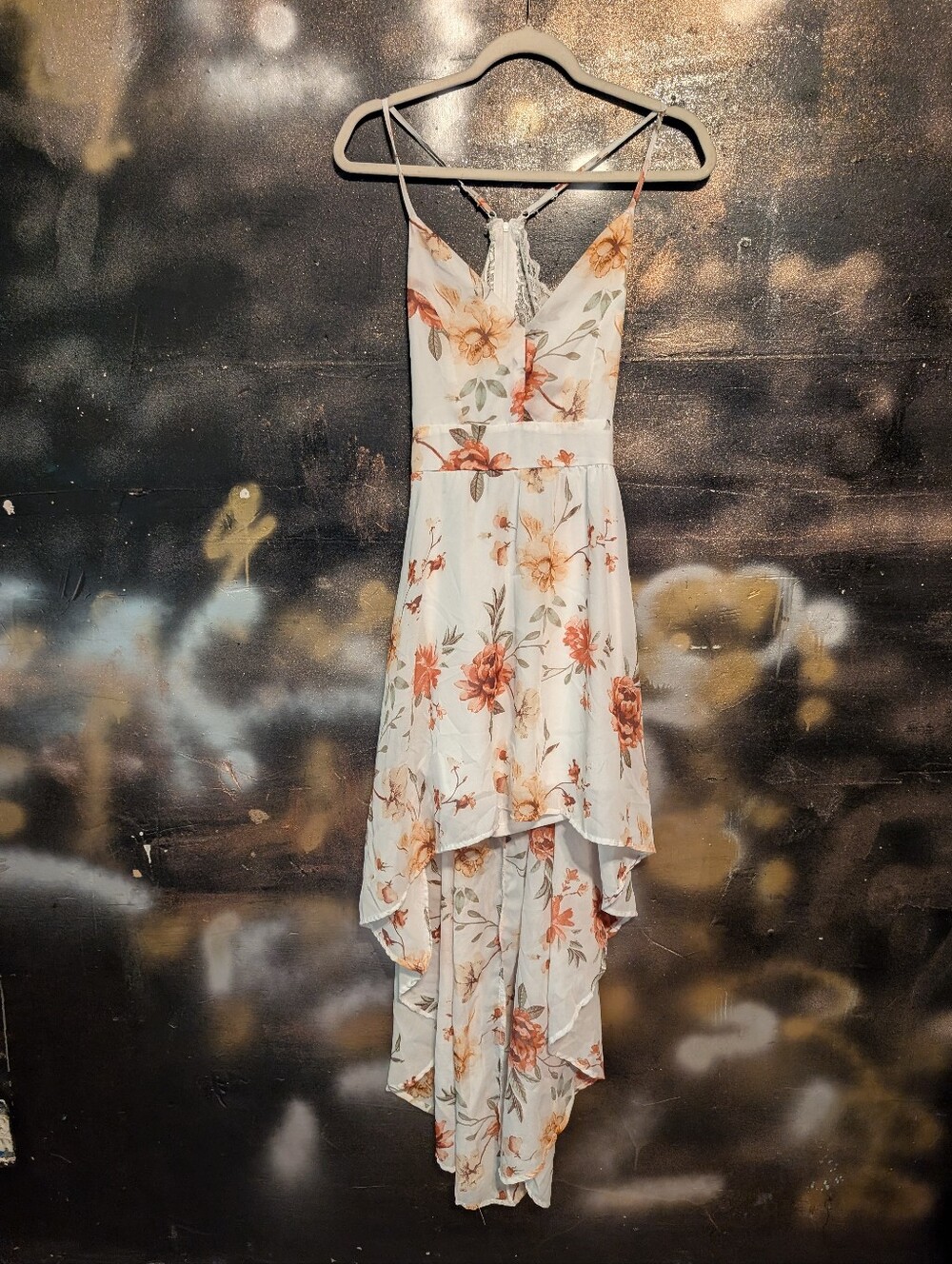 Rue21 White Floral High-Low Slip Dress with Lace Back